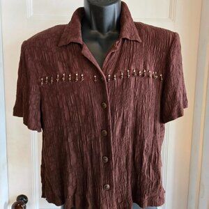 Karin Stevens Brown Beaded Short Sleeve Button Up Peek-a-boo back Shirt Women 16